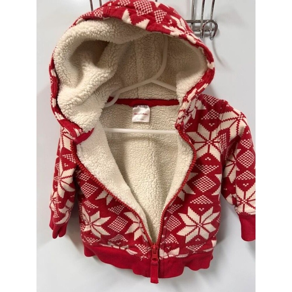 Hanna Andersson 70, 6-12m lined hoodie- red & white snowflakes